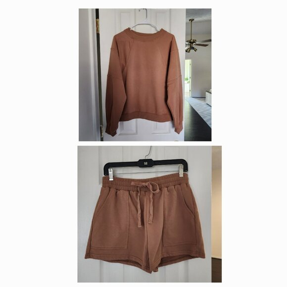 Merokeety Pants - 2 Piece Oversized Batwing Sleeve Lounge Set Casual Top and Shorts Sweatsuit